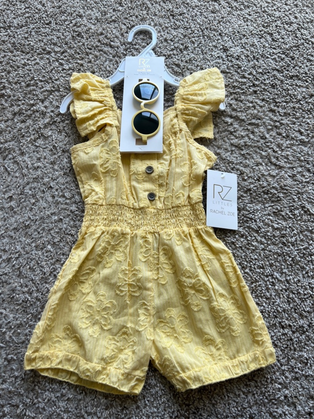 Rachel Zoe Yellow Floral Embroidered Girls' Romper with Sunglasses